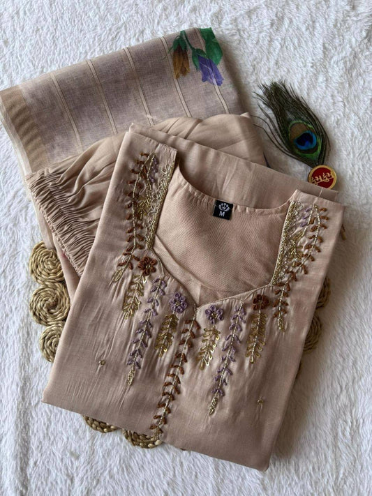 Laksharaa Sarees Festive Special mul Chanderi Kurti Set Champagne Flat Lay
