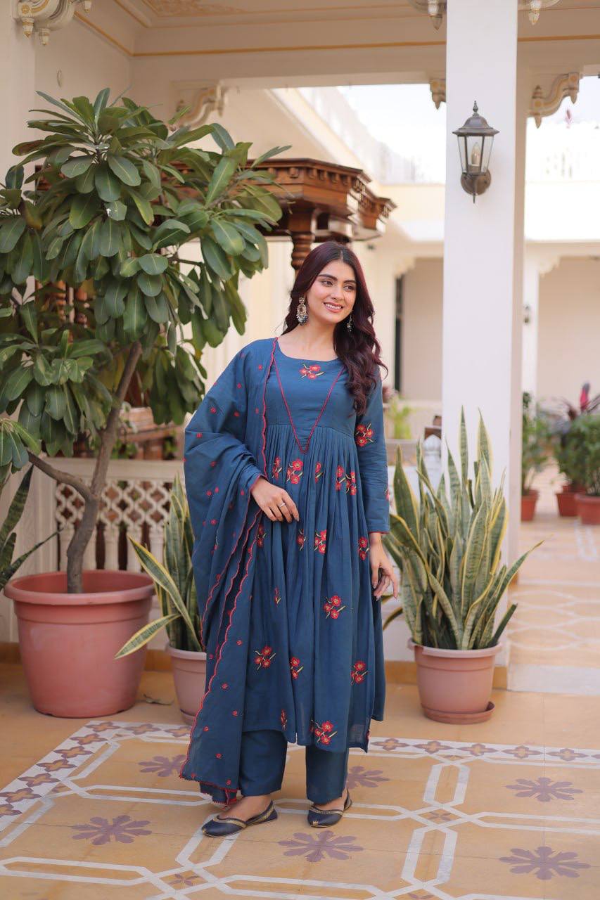 Laksharaa Sarees Floral Cotton Comfy Kurti Set Midnight Blue Front View