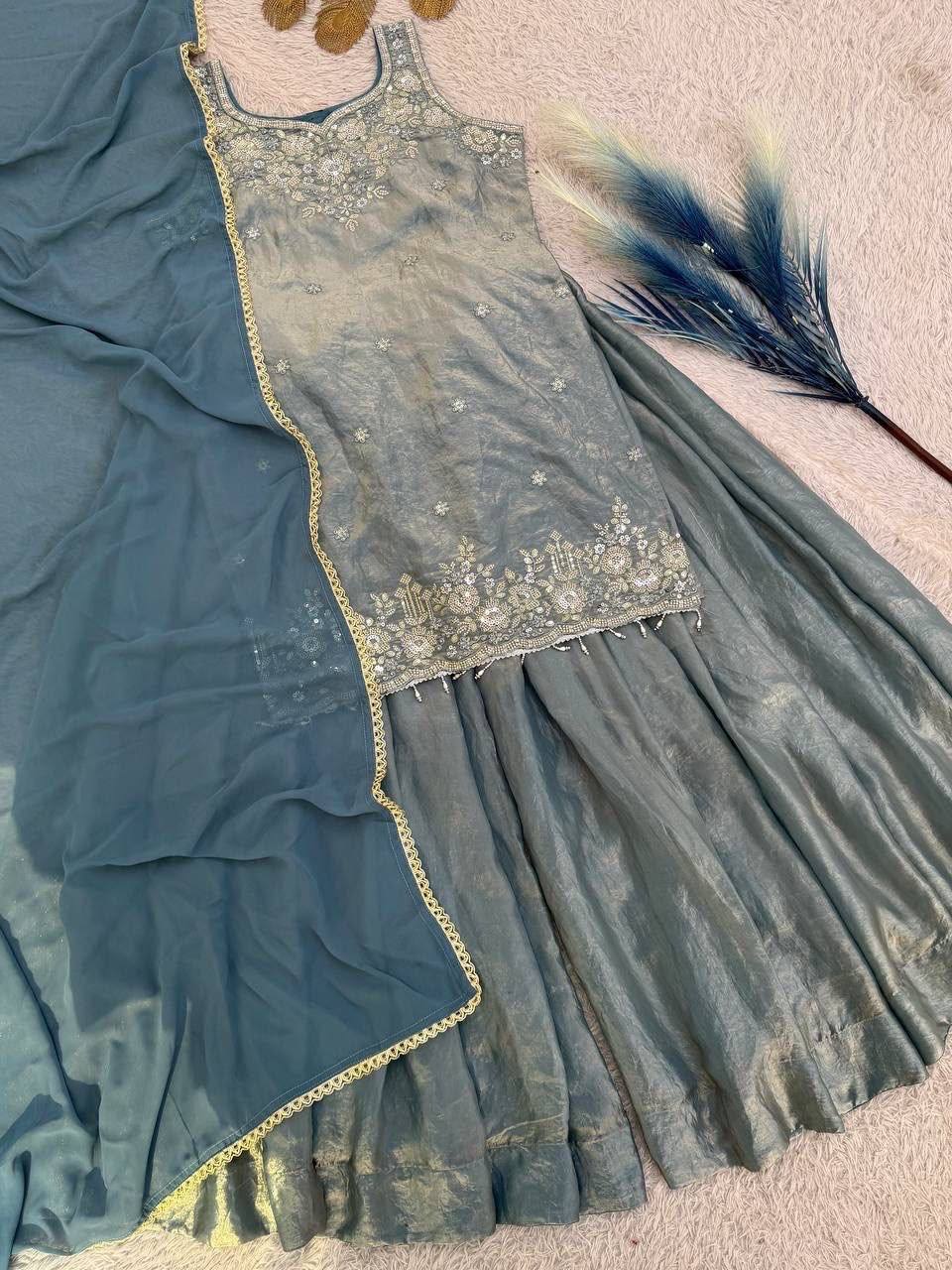 Laksharaa Sarees Shimmer Sharara Suit Teal Full Set Flat Lay