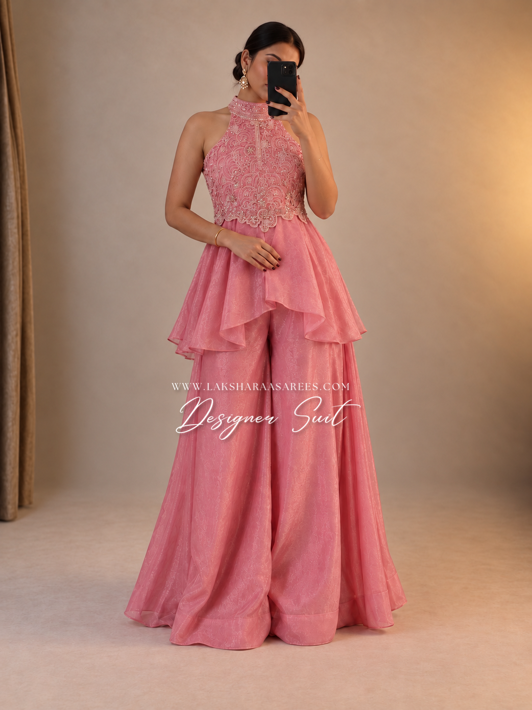 Shimmer silk halter top designer suit with matching palazzo pants by Laksharaa Sarees, featuring intricate embroidery and elegant design.