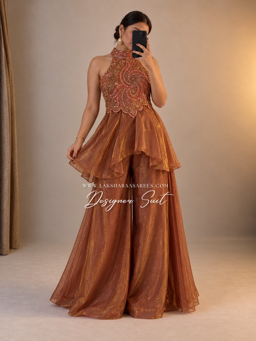 Shimmer silk halter top designer suit with matching palazzo pants by Laksharaa Sarees, featuring intricate embroidery and elegant style.