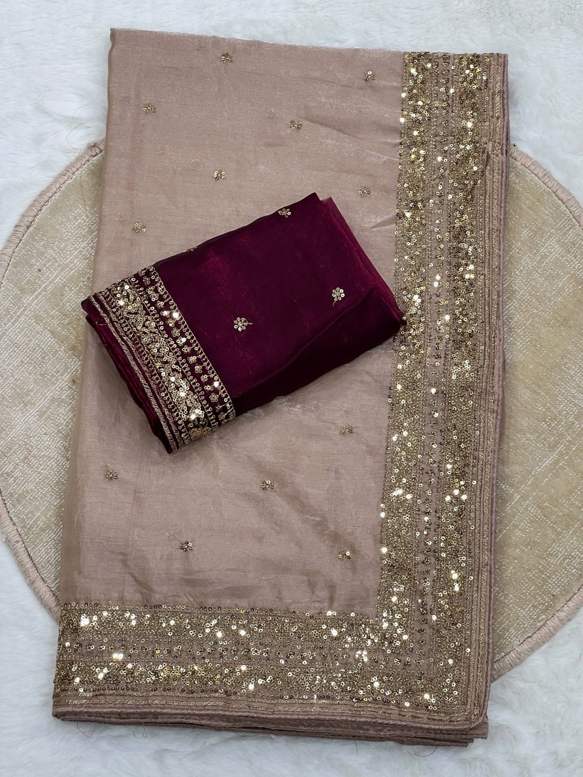 IFA Premium Space Silk Saree — Beige with Maroon Blouse, actual saree and blouse fabric