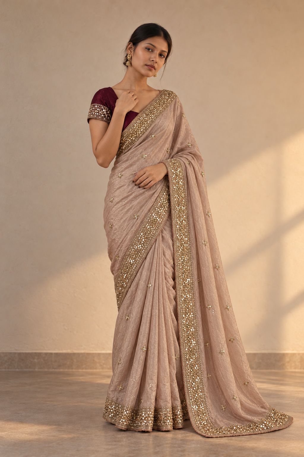 IFA Beige with Maroon Blouse — AI model for reference