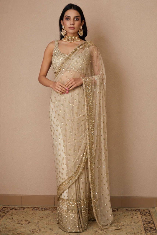 White x gold stunning Party-wear net sequinned saree