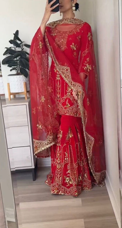 Red Designer Sharara Suit