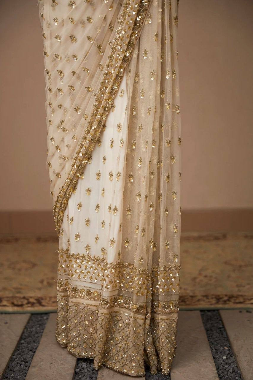 White x gold stunning Party-wear net sequinned saree