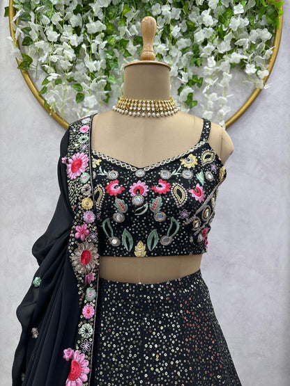 ALINAA — Black x Floral Sequinned Georgette Lehenga