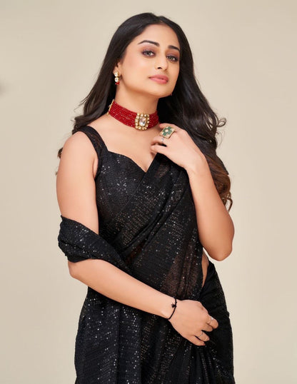 Black Partywear Sequinned Saree