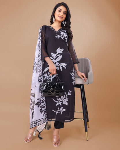 Floral Black & White Kurtis Set