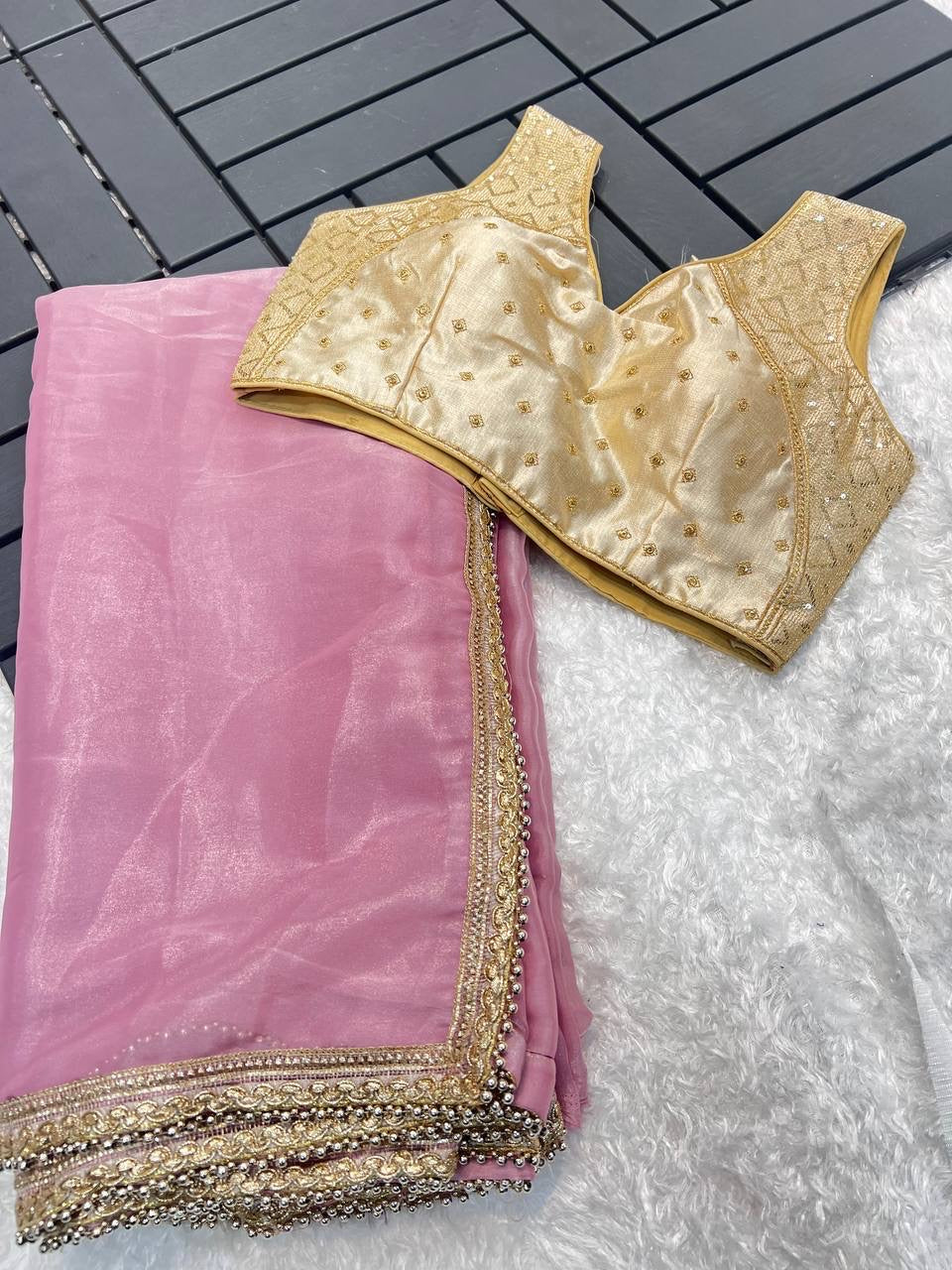 Jahnvi Baby Pink Saree x Readymade Blouse