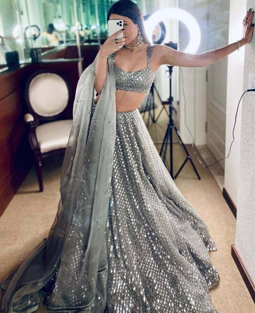 Grey Leena Georgette Sequinned Lehenga