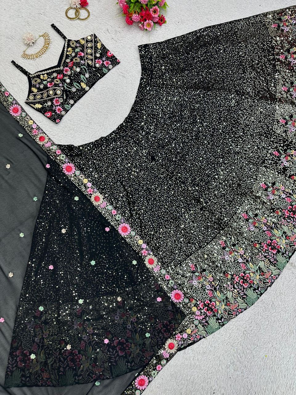 ALINAA — Black x Floral Sequinned Georgette Lehenga