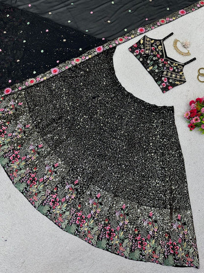 ALINAA — Black x Floral Sequinned Georgette Lehenga