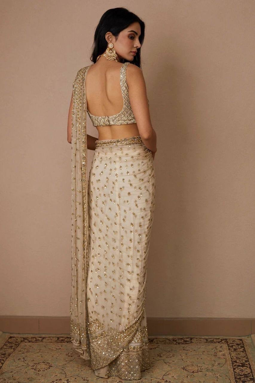 White x gold stunning Party-wear net sequinned saree