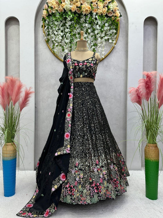 ALINAA — Black x Floral Sequinned Georgette Lehenga