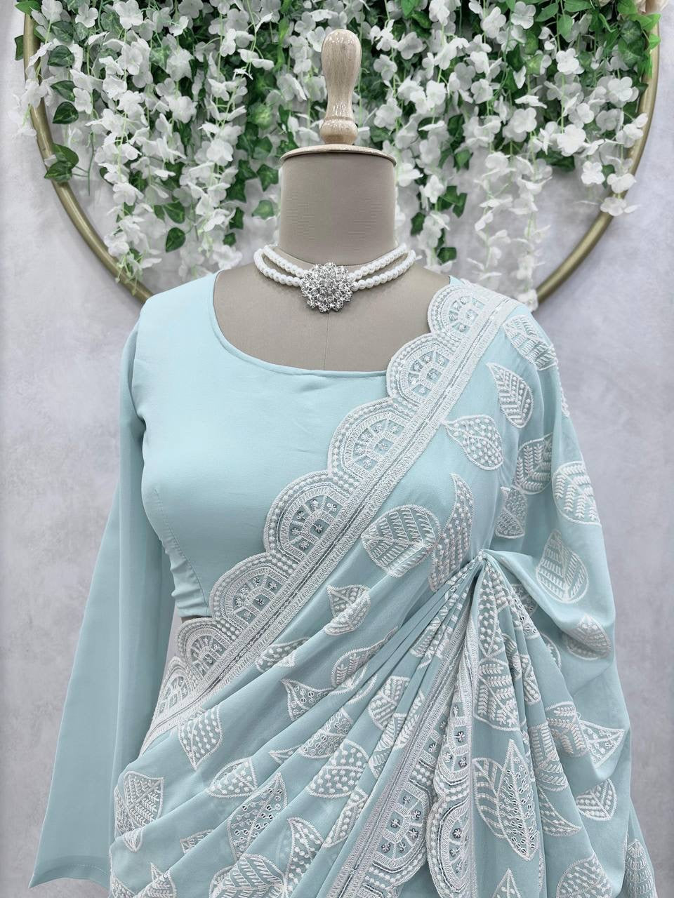 NAOMI - Pastel Blue Georgette Designer Saree