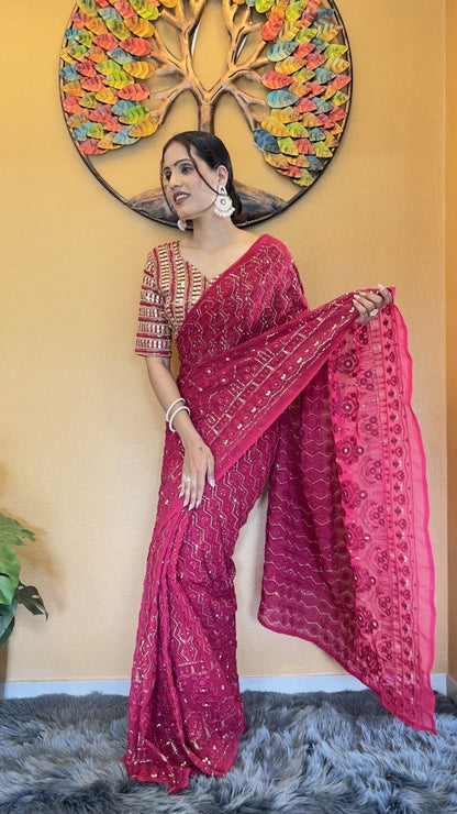 LINDY - Pink x Designer Blouse Readymade Saree