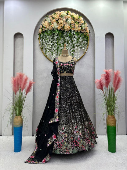 ALINAA — Black x Floral Sequinned Georgette Lehenga