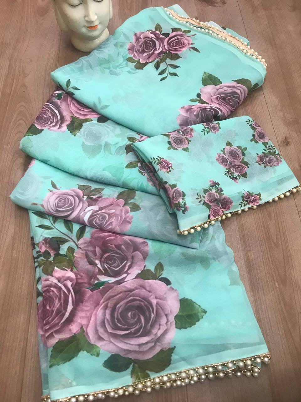 Off-White Georgette Printed Saree with Pearl Lace Border