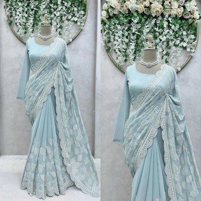 NAOMI - Pastel Blue Georgette Designer Saree