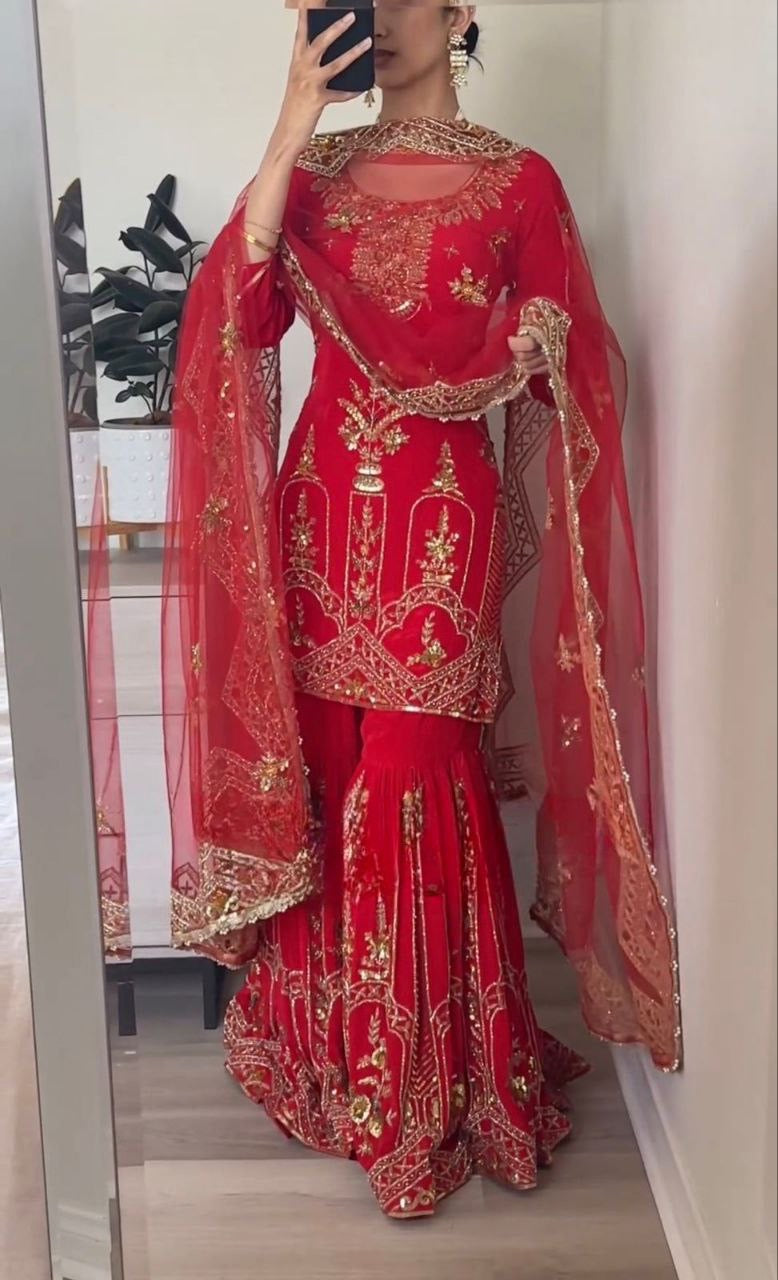 Red Designer Sharara Suit