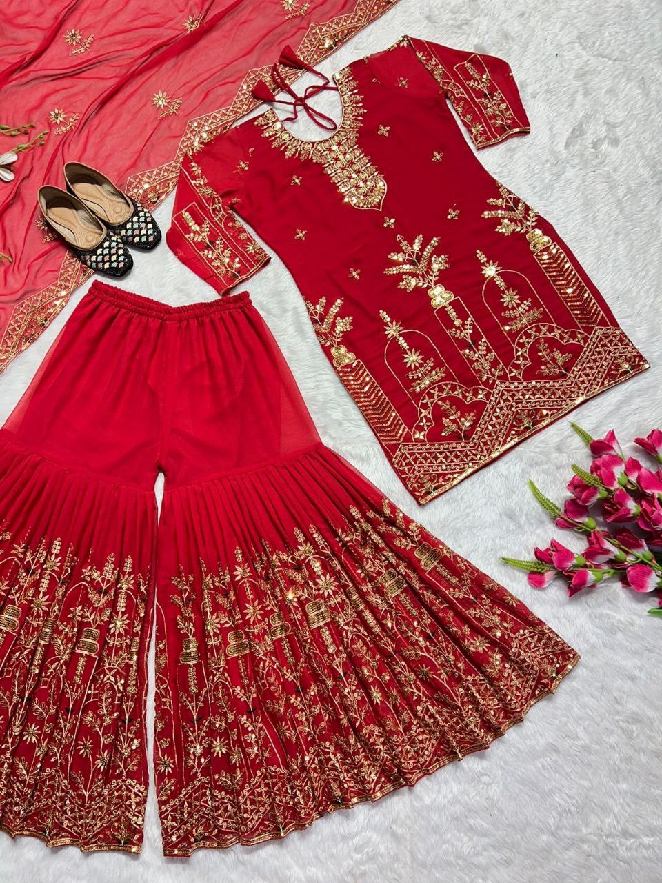 Red Designer Sharara Suit