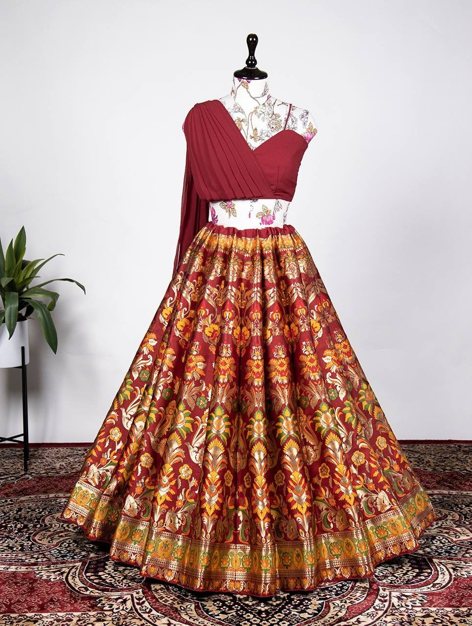 White Colour Chiffon Readymade Lehenga Set having Blue Colour Floral Print  in Round Shaped Blouse with Skirt and Shawl