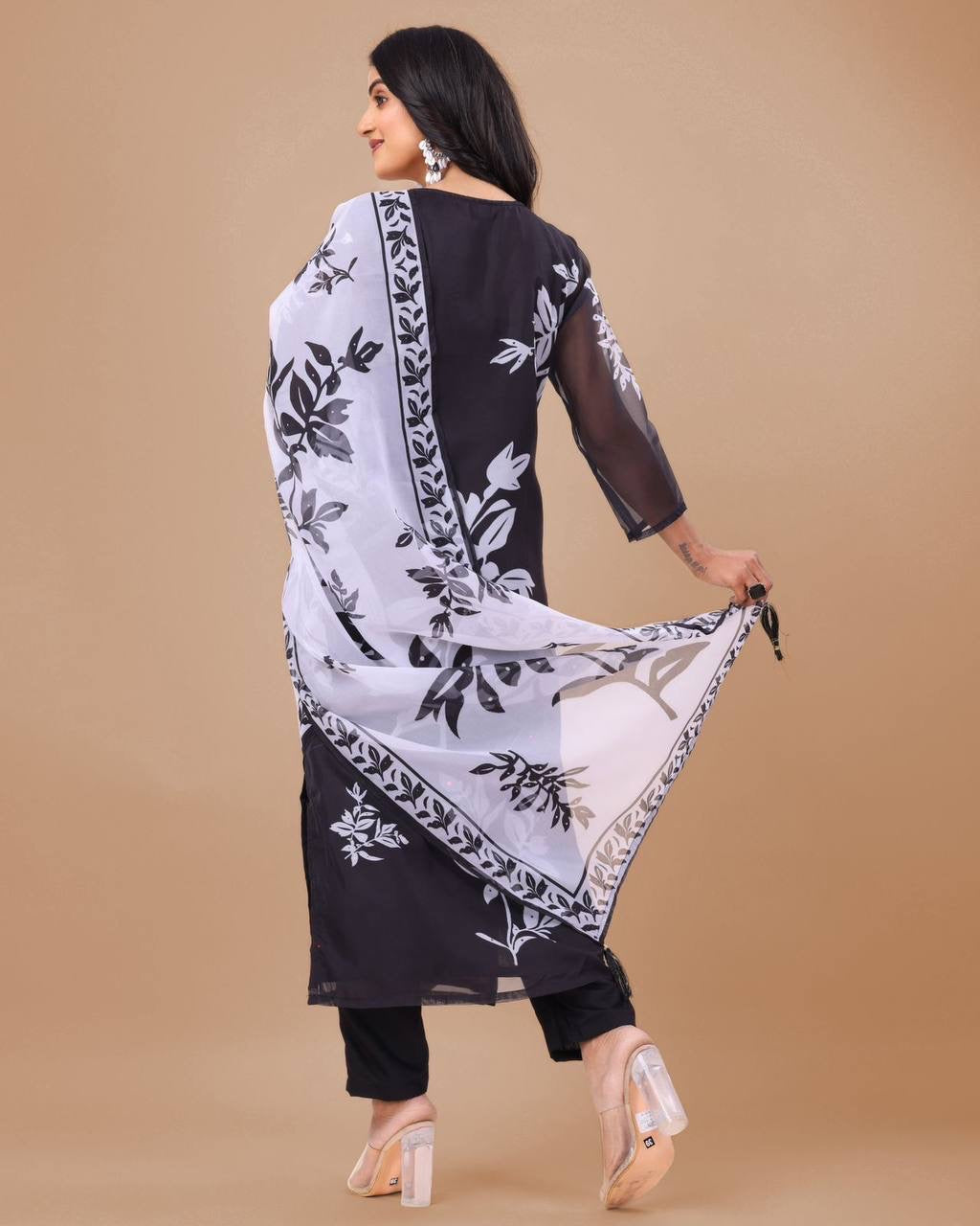 Floral Black & White Kurtis Set