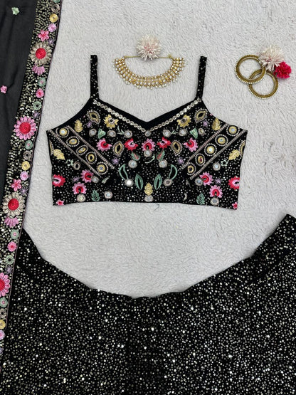 ALINAA — Black x Floral Sequinned Georgette Lehenga