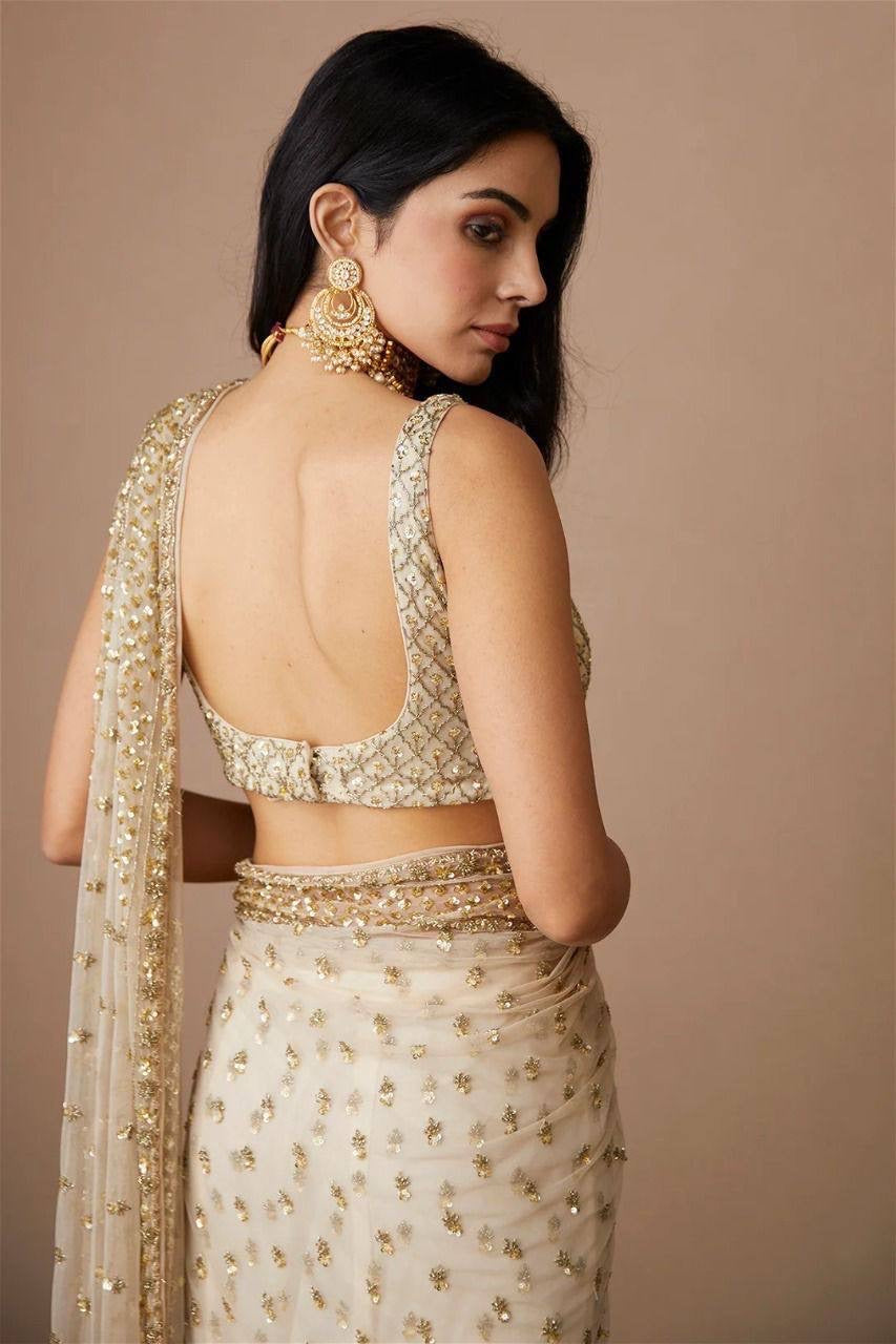 White x gold stunning Party-wear net sequinned saree