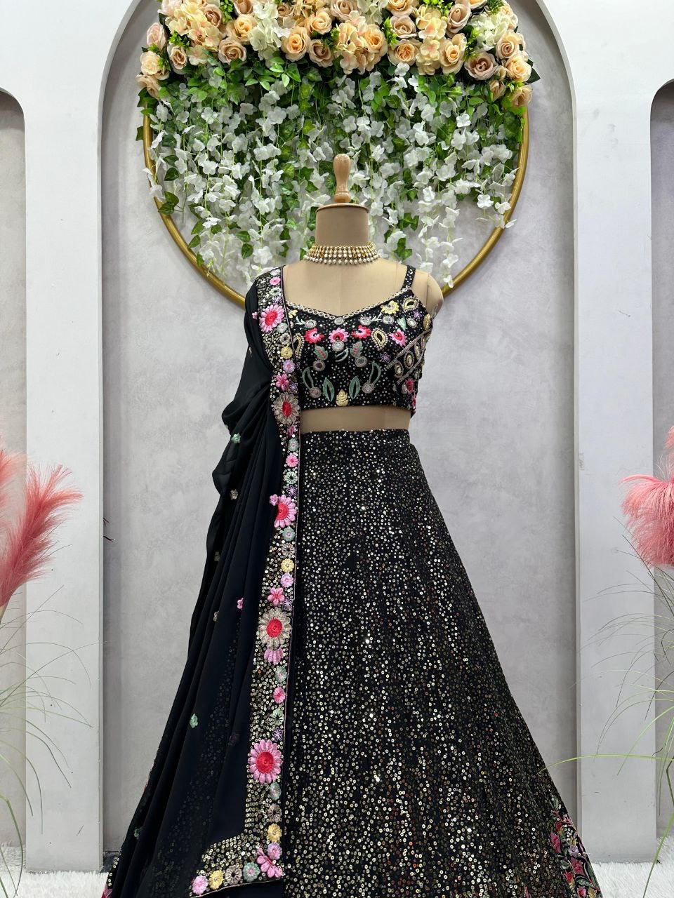 ALINAA — Black x Floral Sequinned Georgette Lehenga