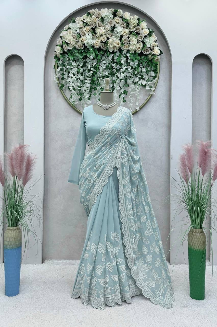 NAOMI - Pastel Blue Georgette Designer Saree