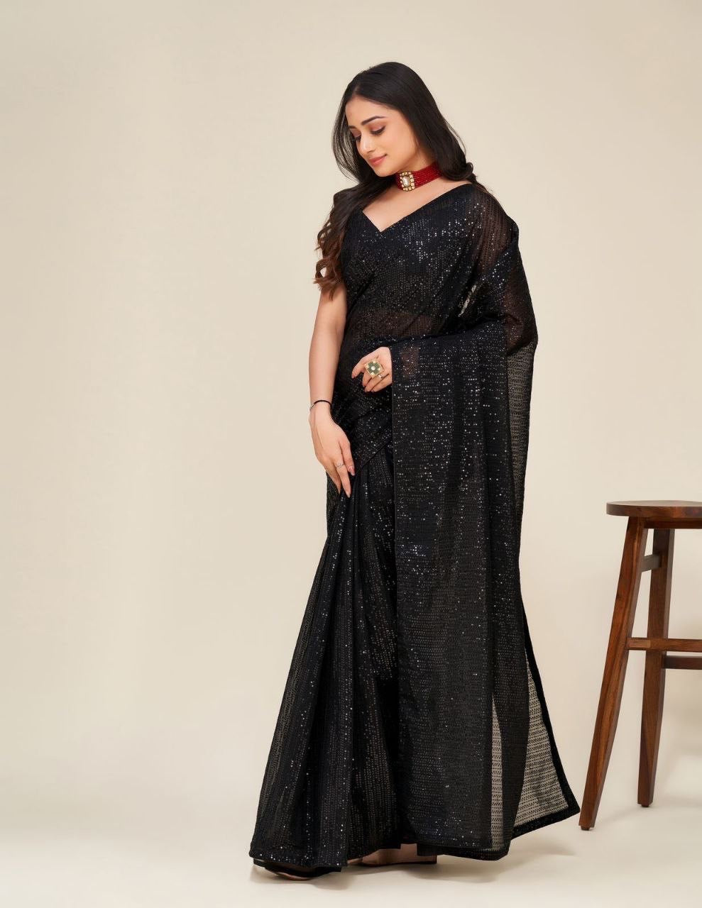 Black Partywear Sequinned Saree