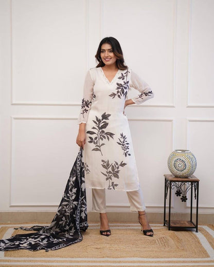 Floral Black & White Kurtis Set