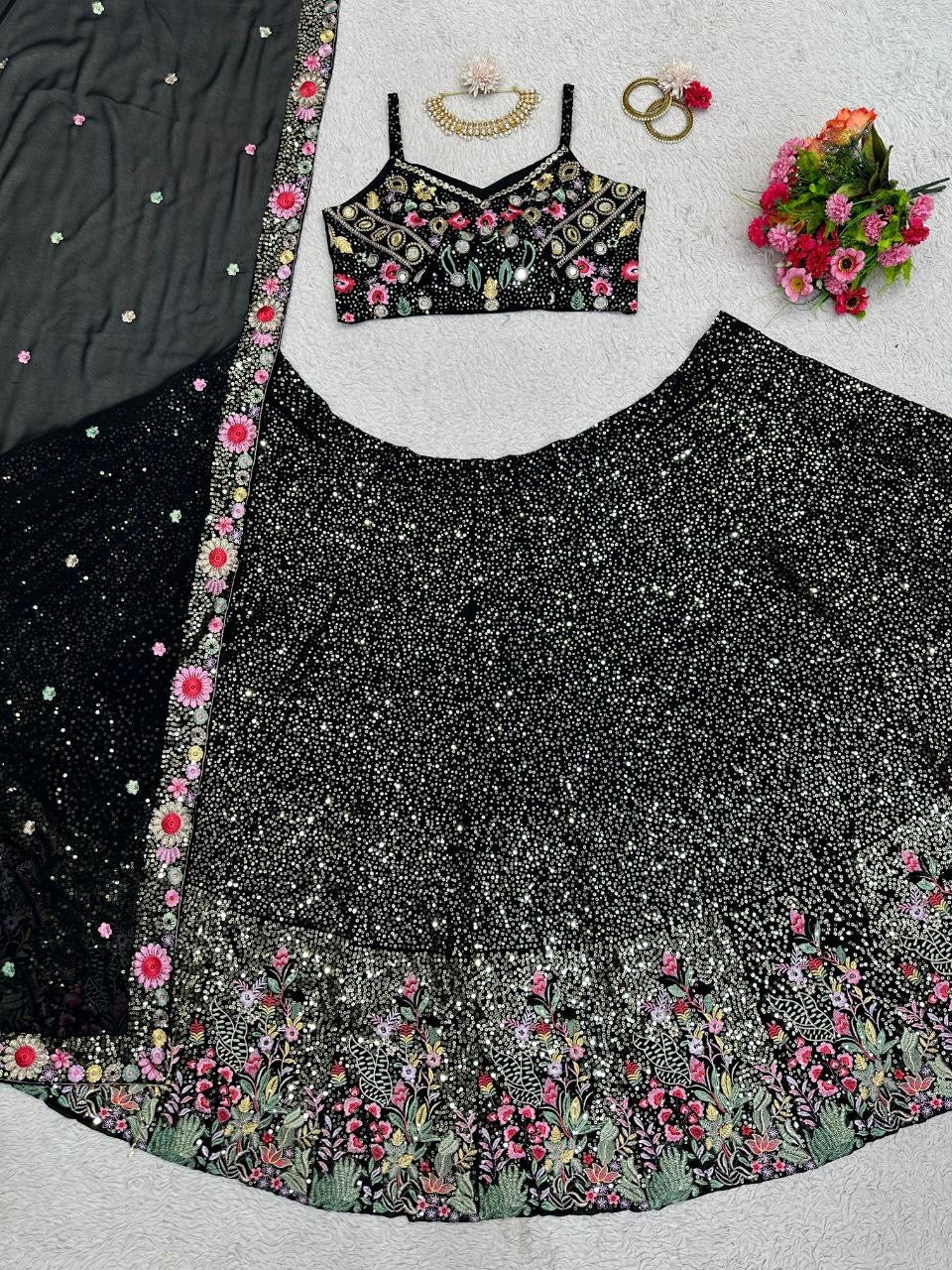 ALINAA — Black x Floral Sequinned Georgette Lehenga