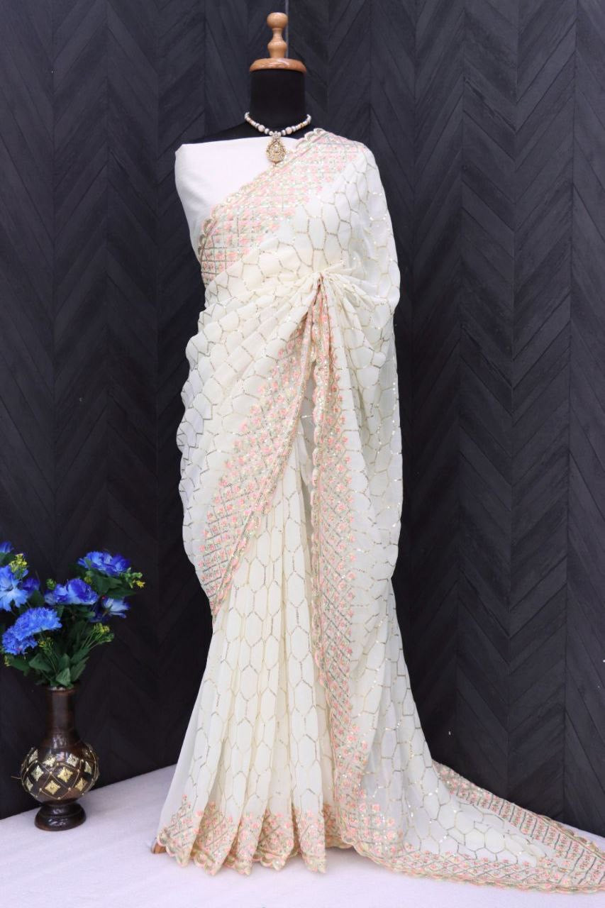Lucknowi Chikan Saree (W/B-Cotton) 12815 | Cotton saree designs, Indian  saree blouses designs, Saree designs party wear