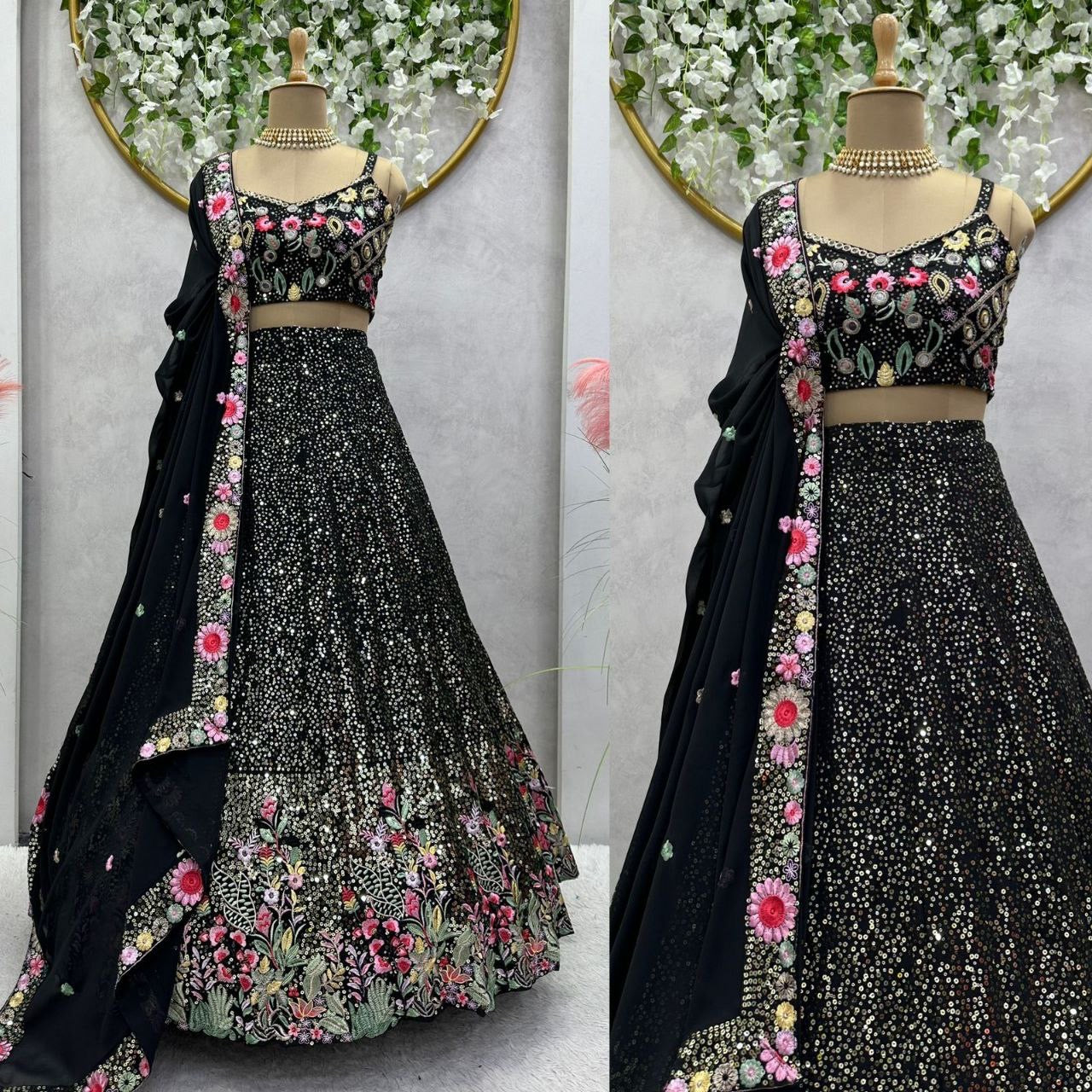 ALINAA — Black x Floral Sequinned Georgette Lehenga