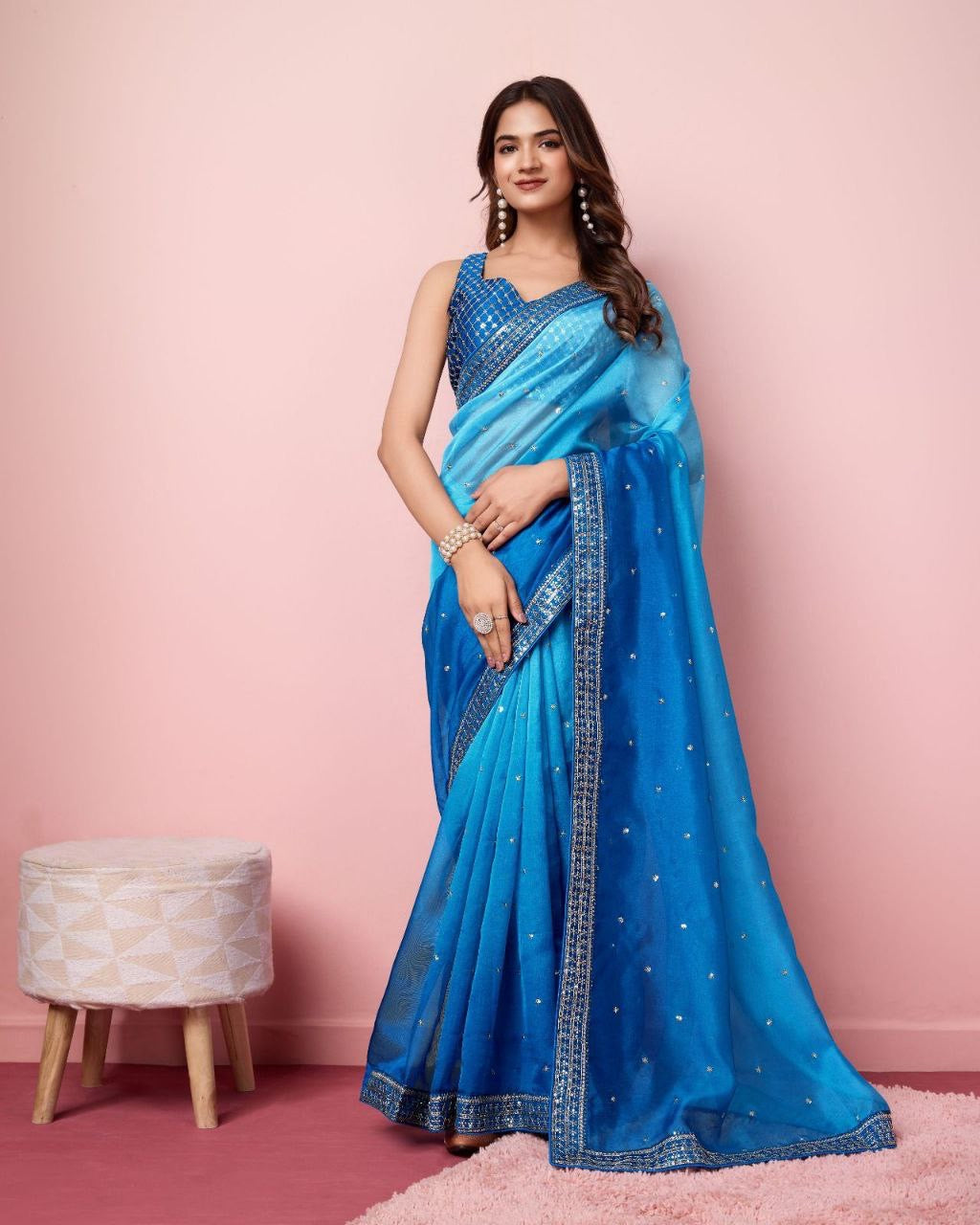 Partywear Ombré Organza Readymade Georgette Saree