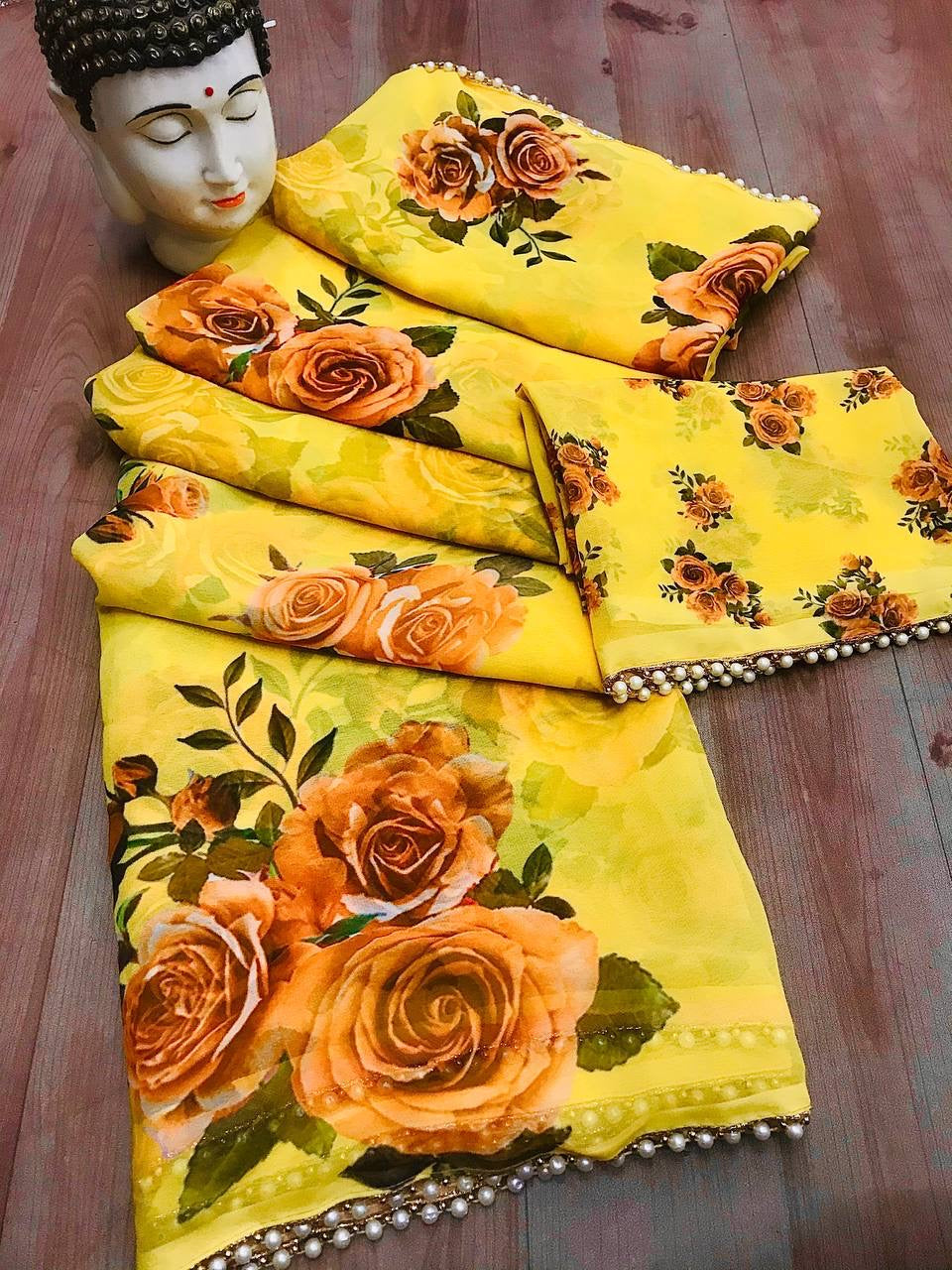 Lavender Georgette Printed Saree with Pearl Lace Border