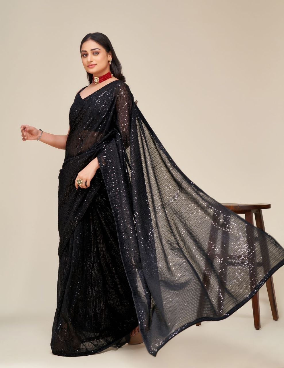 Black Partywear Sequinned Saree