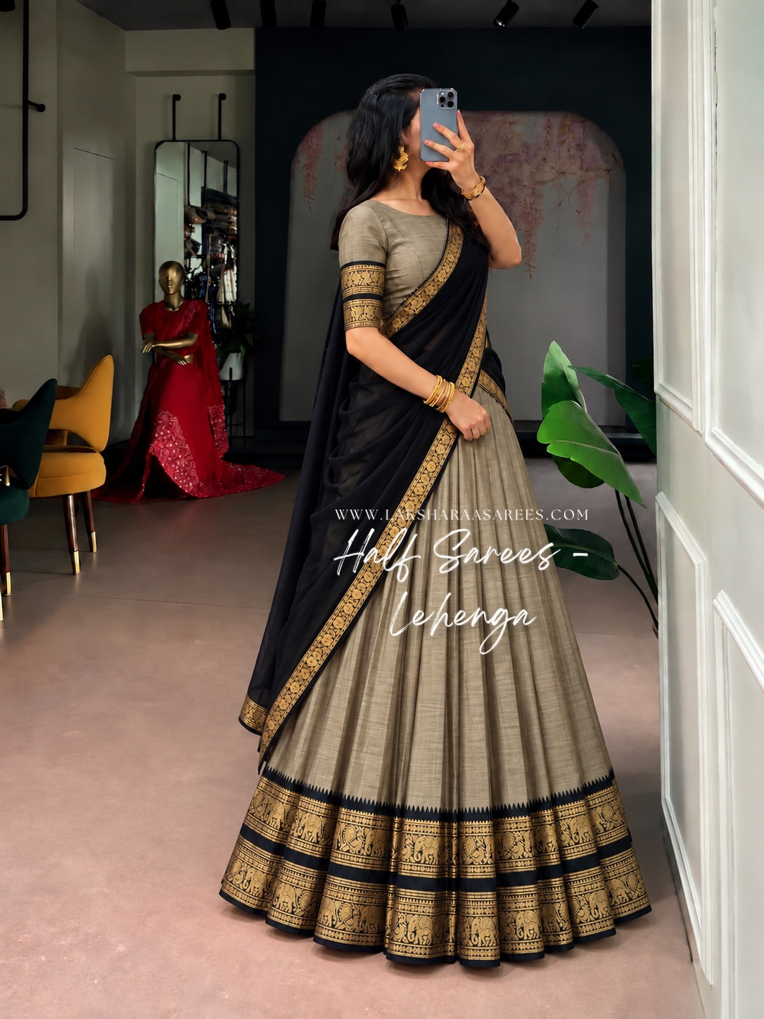 KAYAL Kanchi Cotton Half Saree Lehenga — Beige & Black