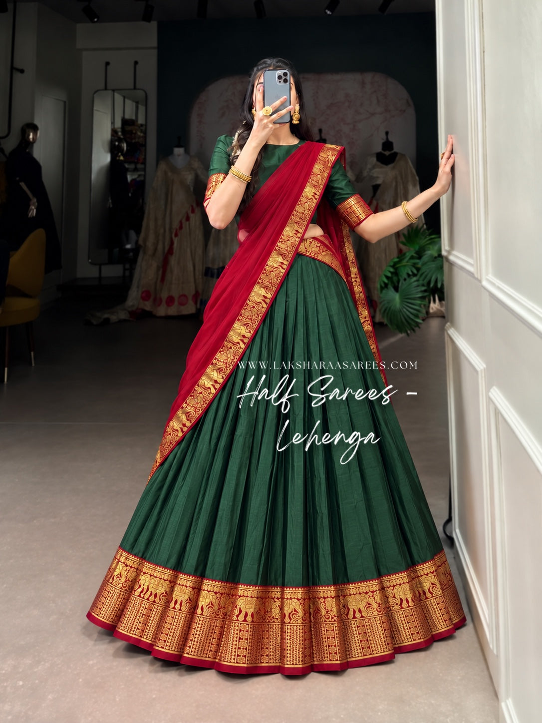 KAYAL Kanchi Cotton Half Saree Lehenga — Green & Red