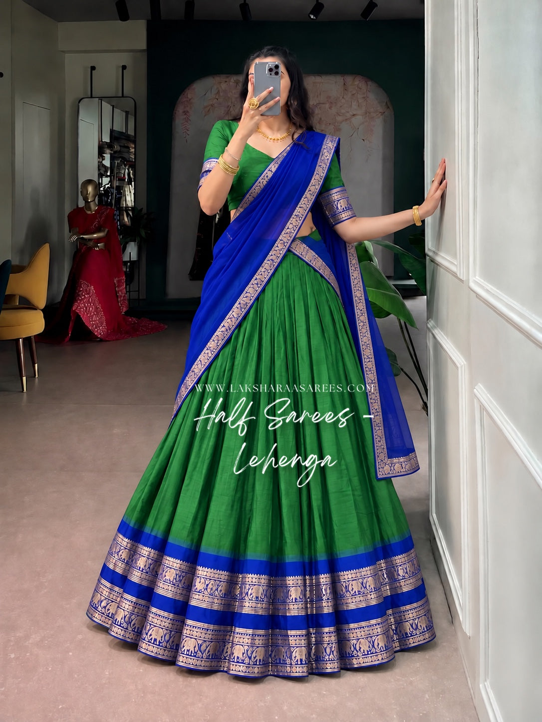 KAYAL Kanchi Cotton Half Saree Lehenga — Green & Royal Blue