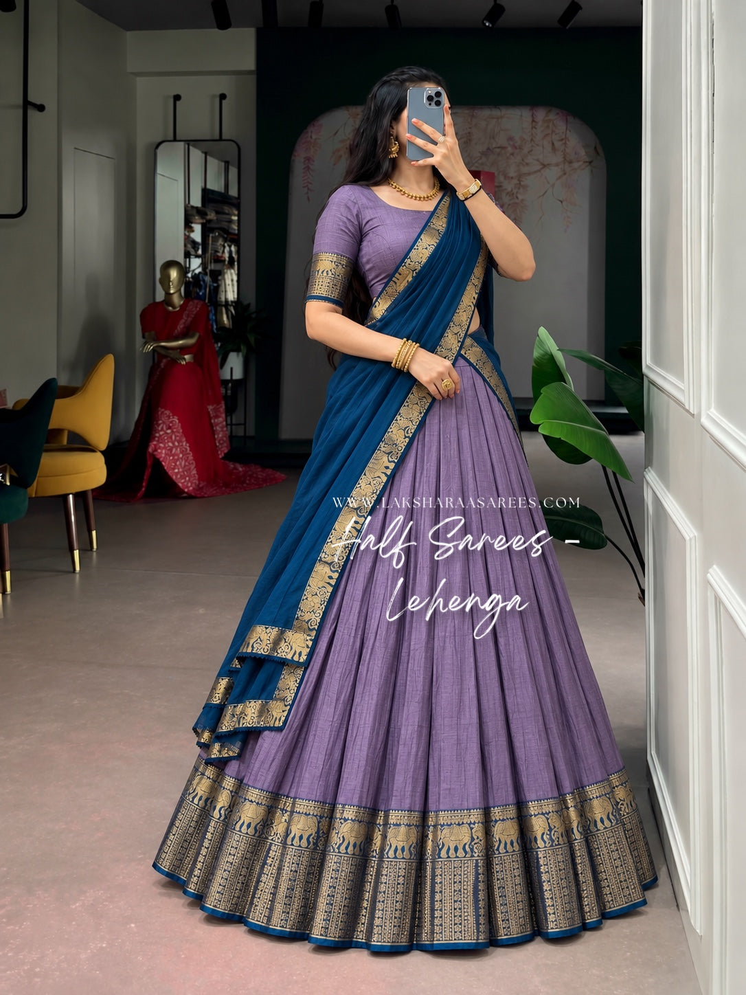 KAYAL Kanchi Cotton Half Saree Lehenga — Lavender & Navy