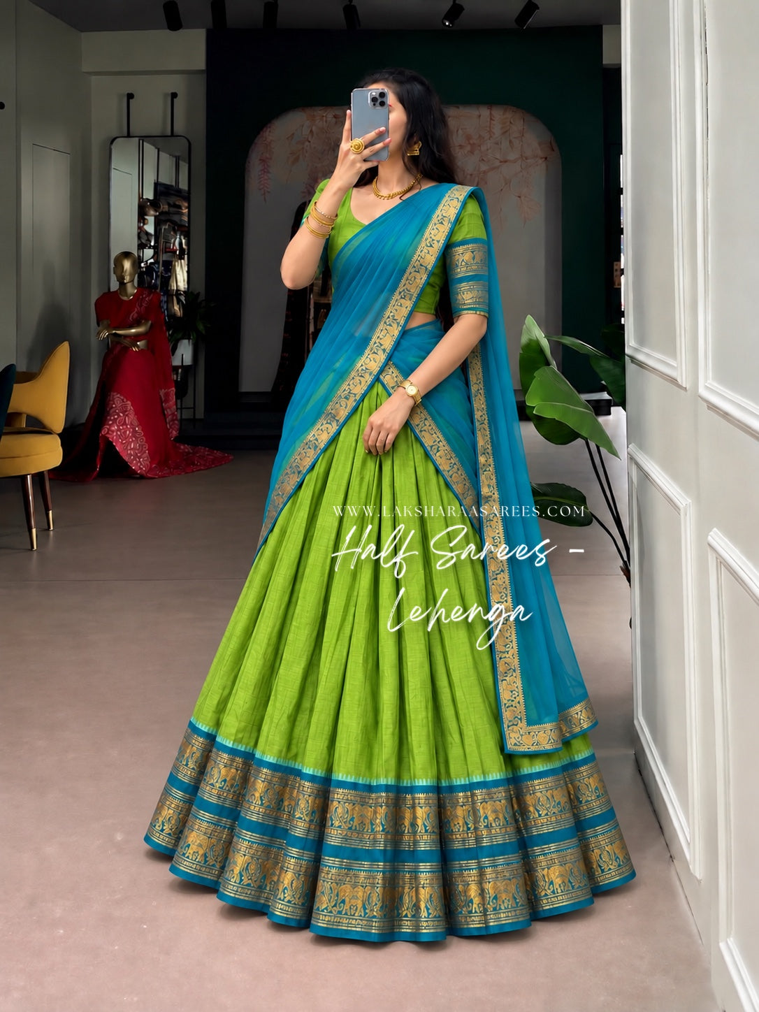 KAYAL Kanchi Cotton Half Saree Lehenga — Lime Green & Teal