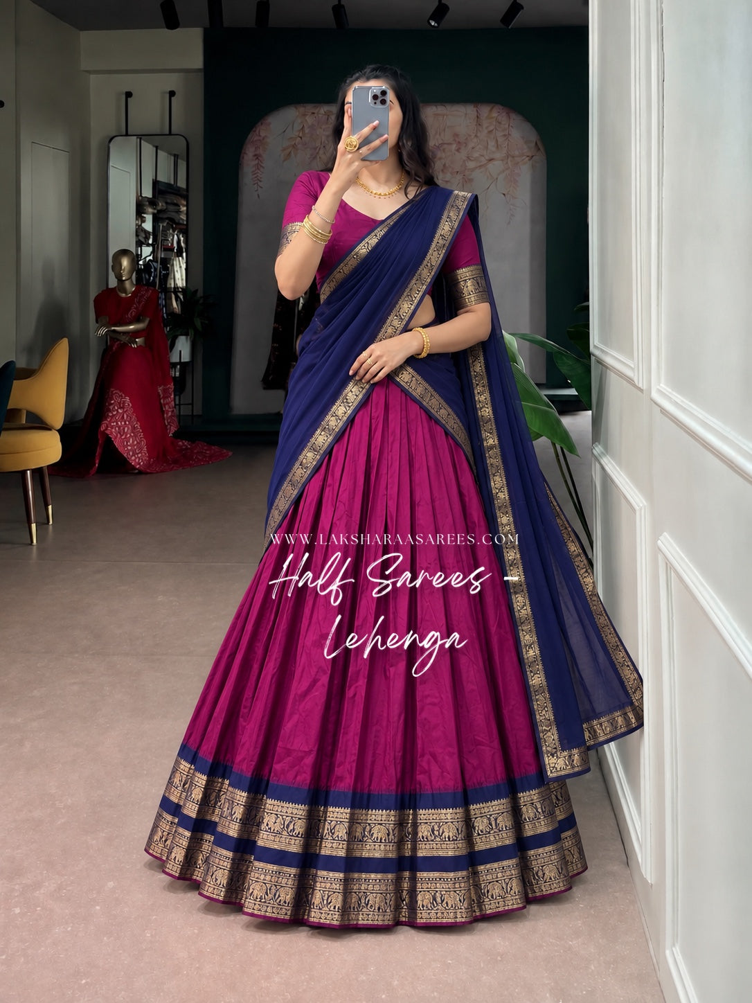 KAYAL Kanchi Cotton Half Saree Lehenga — Magenta & Navy