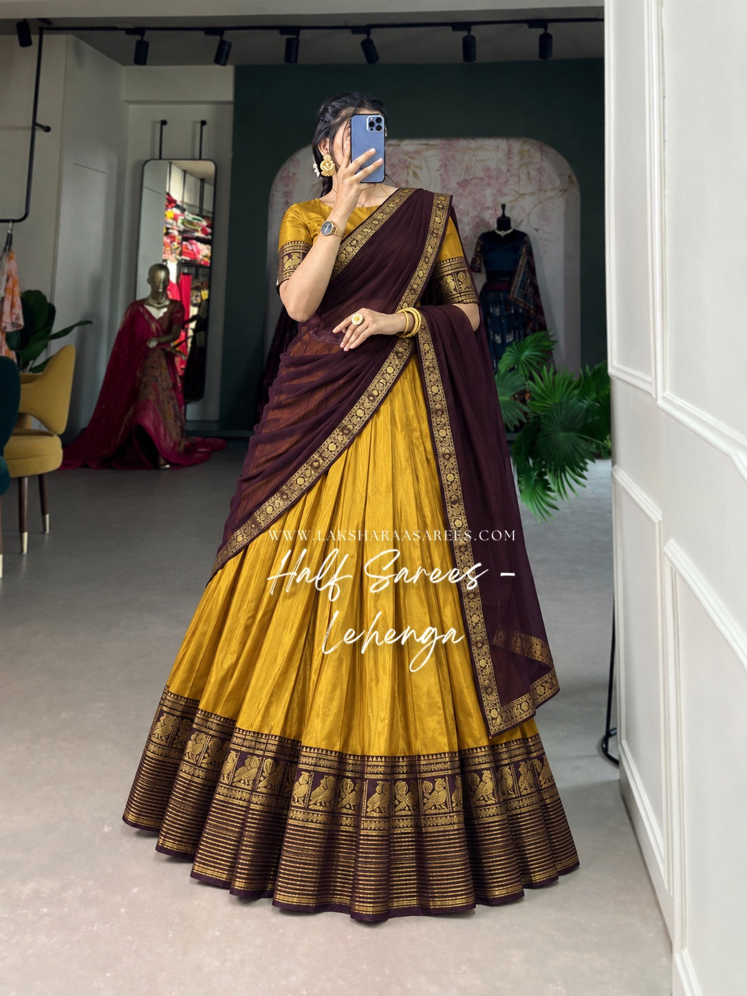 KAYAL Kanchi Cotton Half Saree Lehenga — Mustard Yellow & Maroon