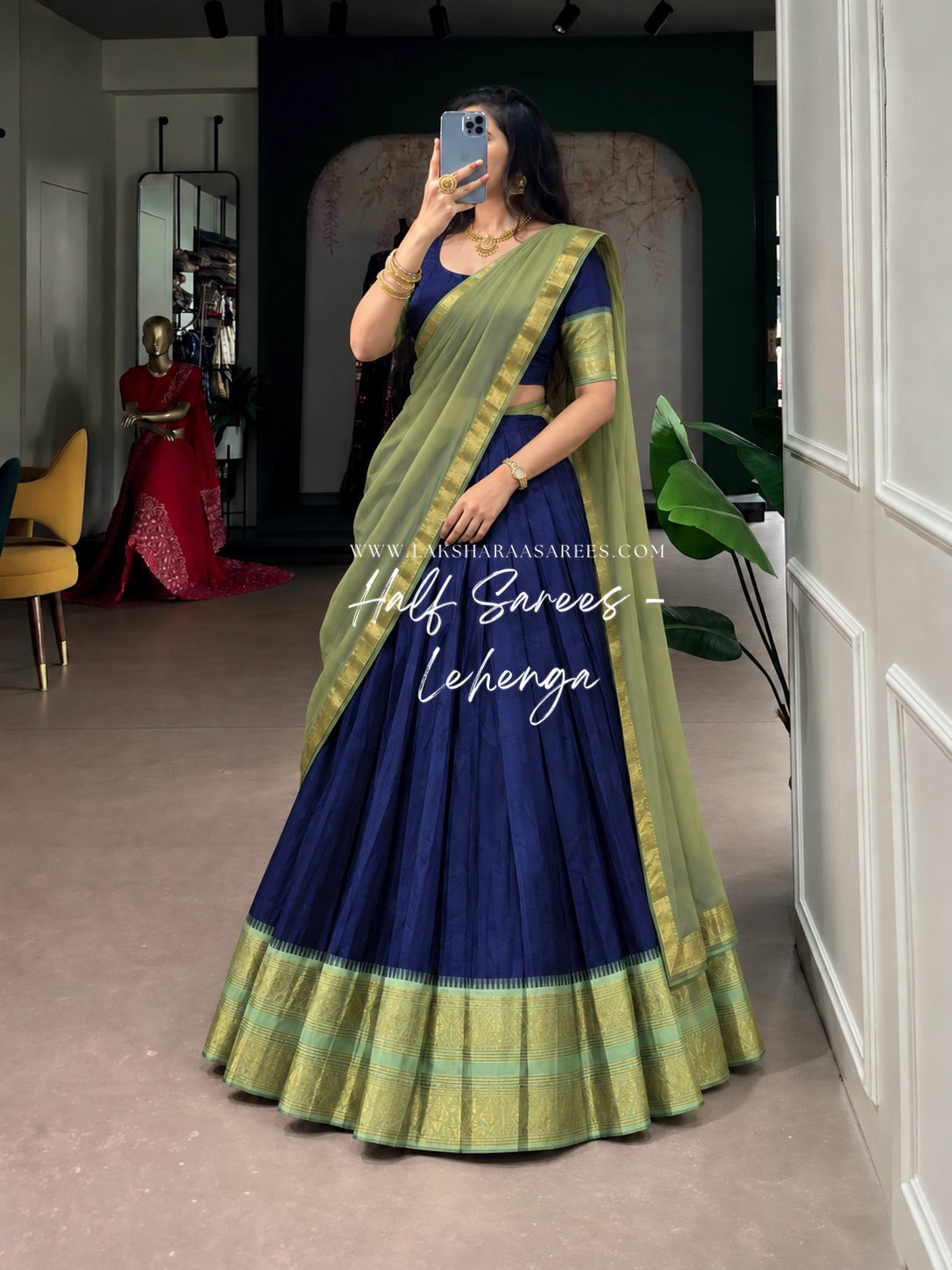 KAYAL Kanchi Cotton Half Saree Lehenga — Navy Blue & Olive Green