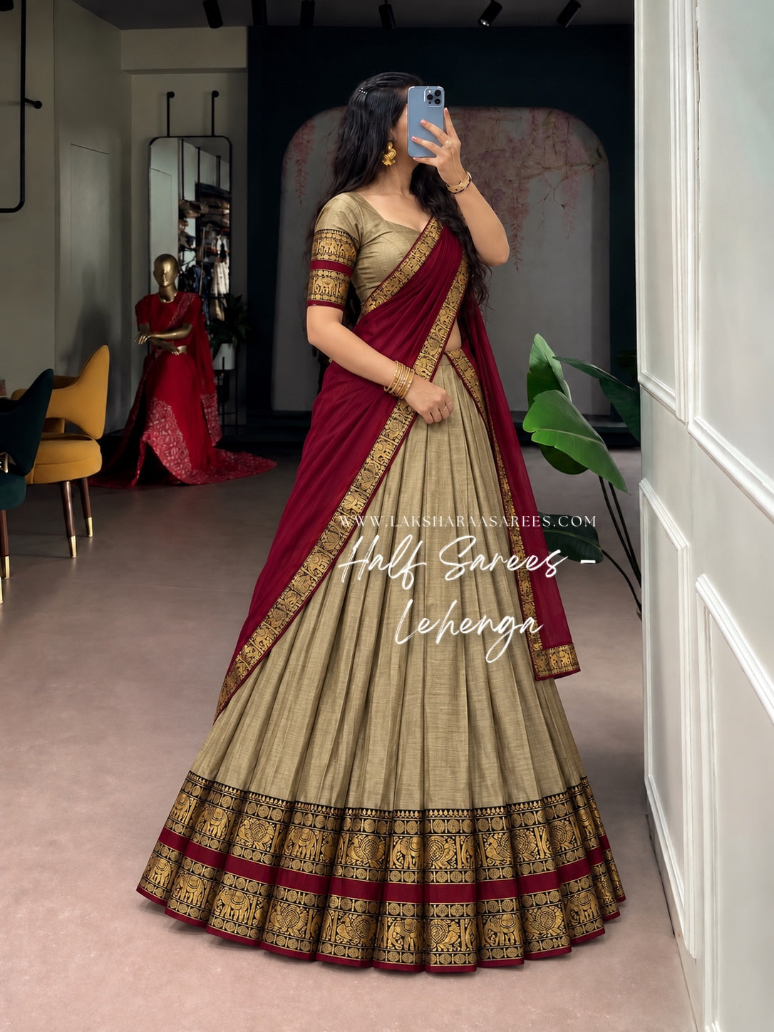 KAYAL Kanchi Cotton Half Saree Lehenga — Olive & Maroon