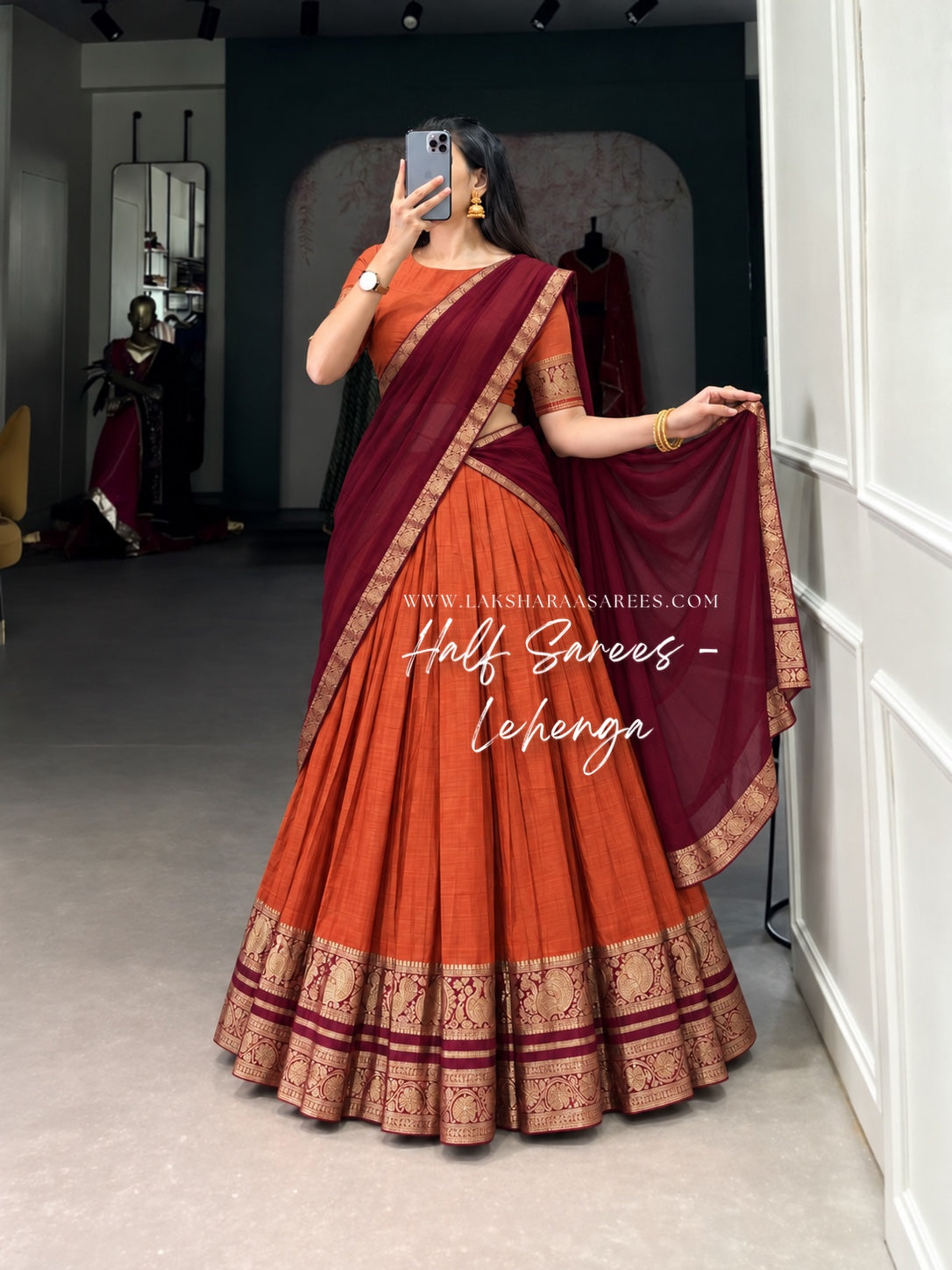 KAYAL Kanchi Cotton Half Saree Lehenga — Orange & Maroon